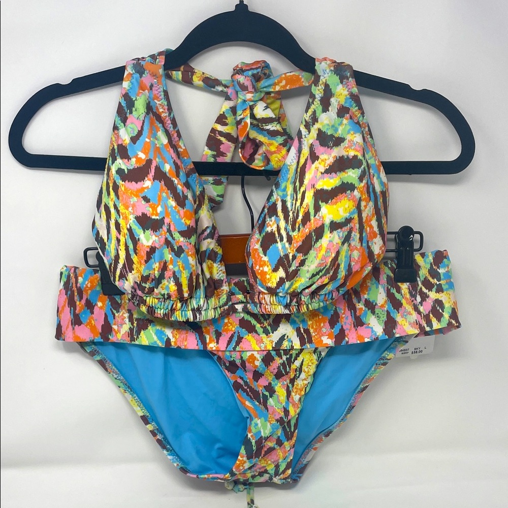 BECCA Blue Brown Orange 2-Piece Bikini Swimsuit Set Size Large Brand New W/Tags